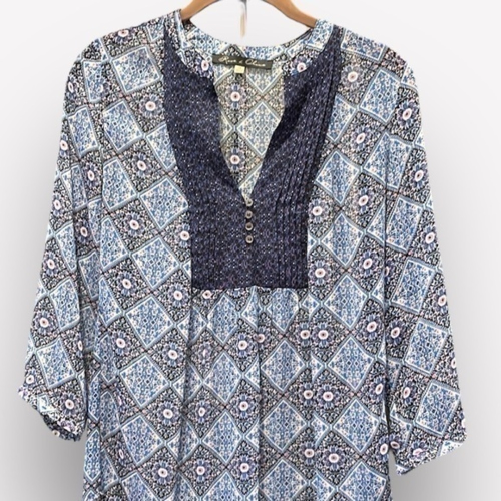 🇪🇸🐠Rose & Olive boho top sheer floral pattern blue white pink XS CLEARANCE